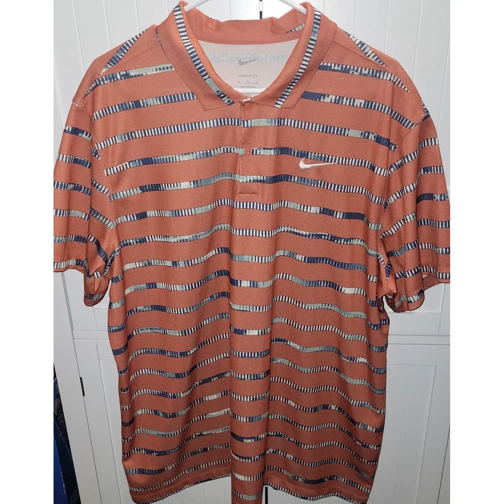 Nike Dri-FIT Mens XL Orange Wavy Stripe Performance Golf Polo Shirt Short Sleeve